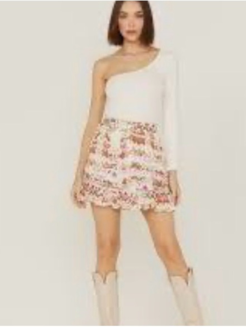 Shyanne White Floral Ruffle Tiered Mini Skirt with Pink and Green Accents Large